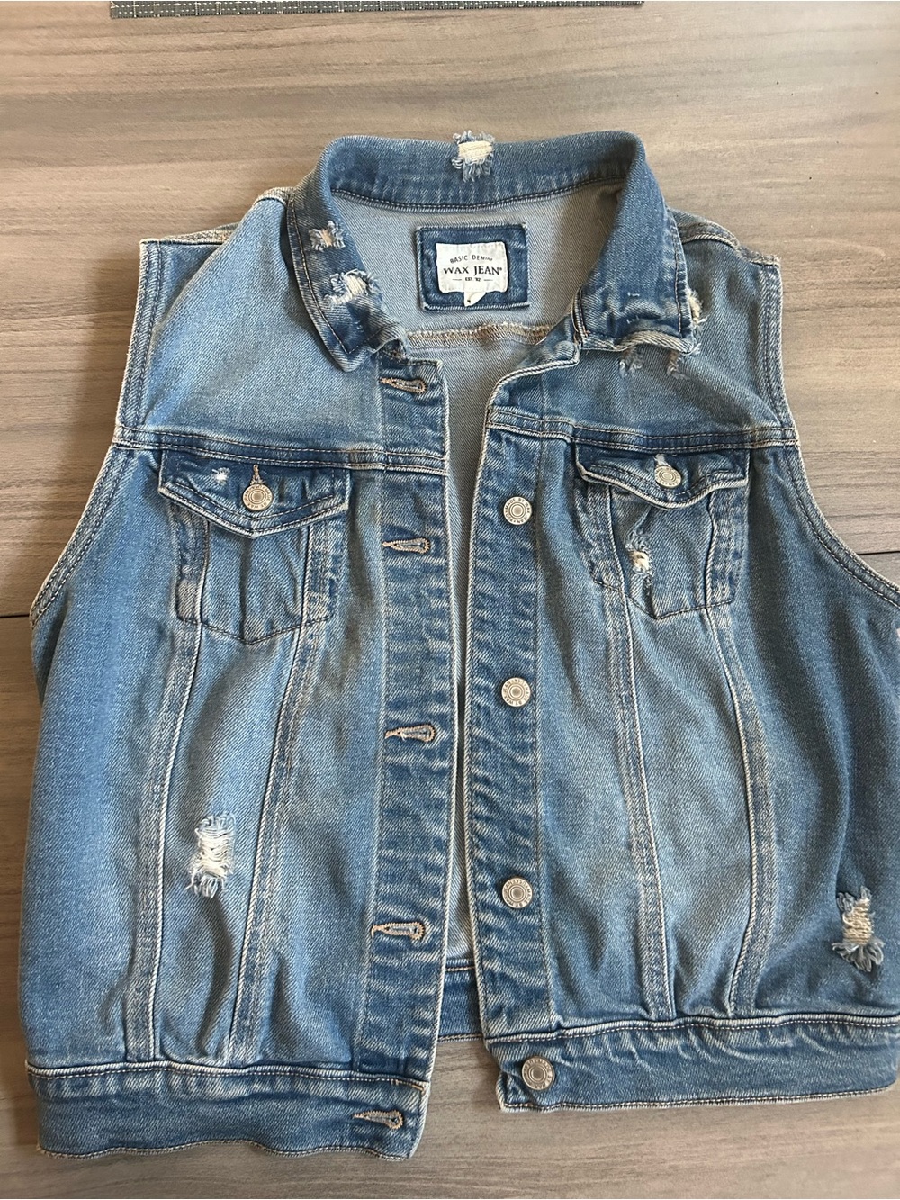 Wax Jean Light Blue Distressed Denim Vest size large